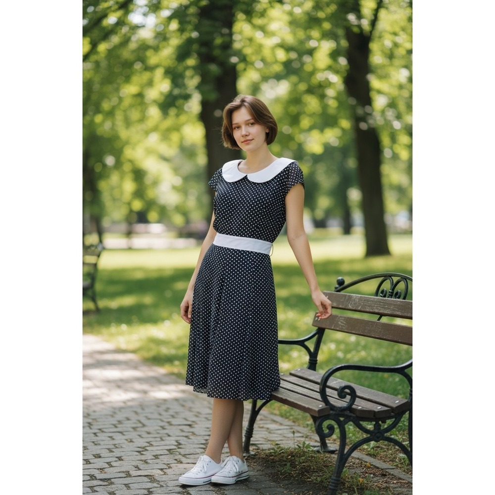 Modus Dress Size 38 Navy Midi Dots White Belted Retro Inspired‎ Peter Pan Collar